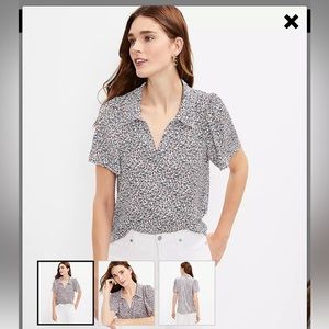 Ann Taylor Loft - Floral Collared V-Neck Mixed Media Top